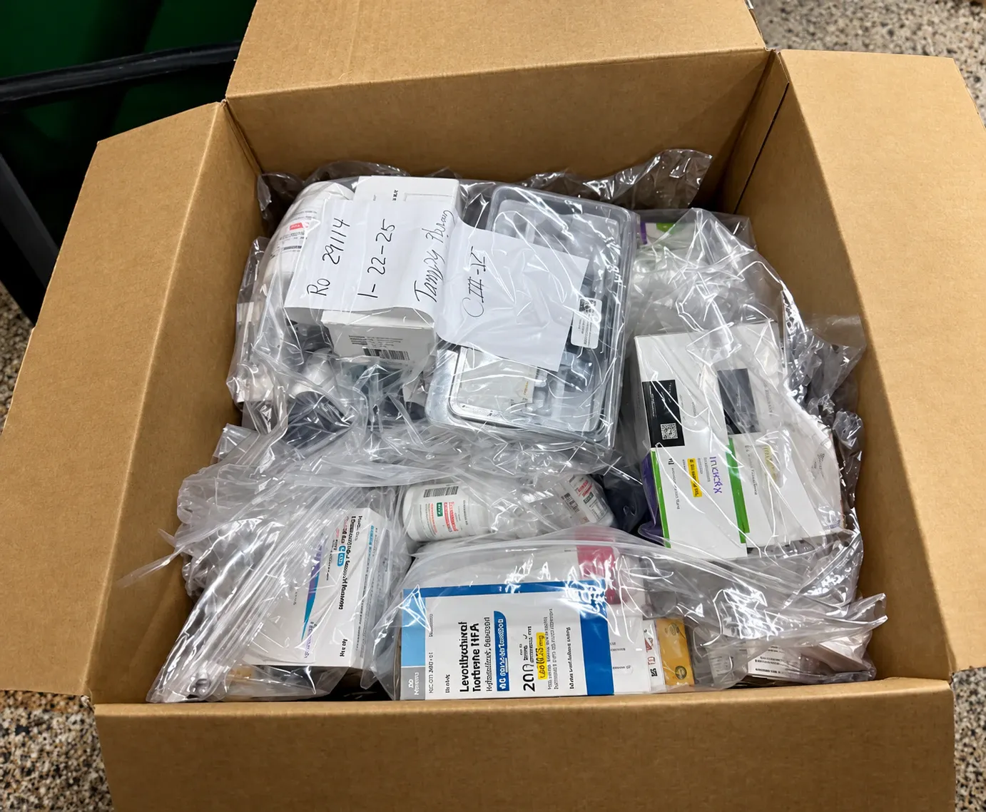 Packed right: an open box with the medications bagged and packed snugly
