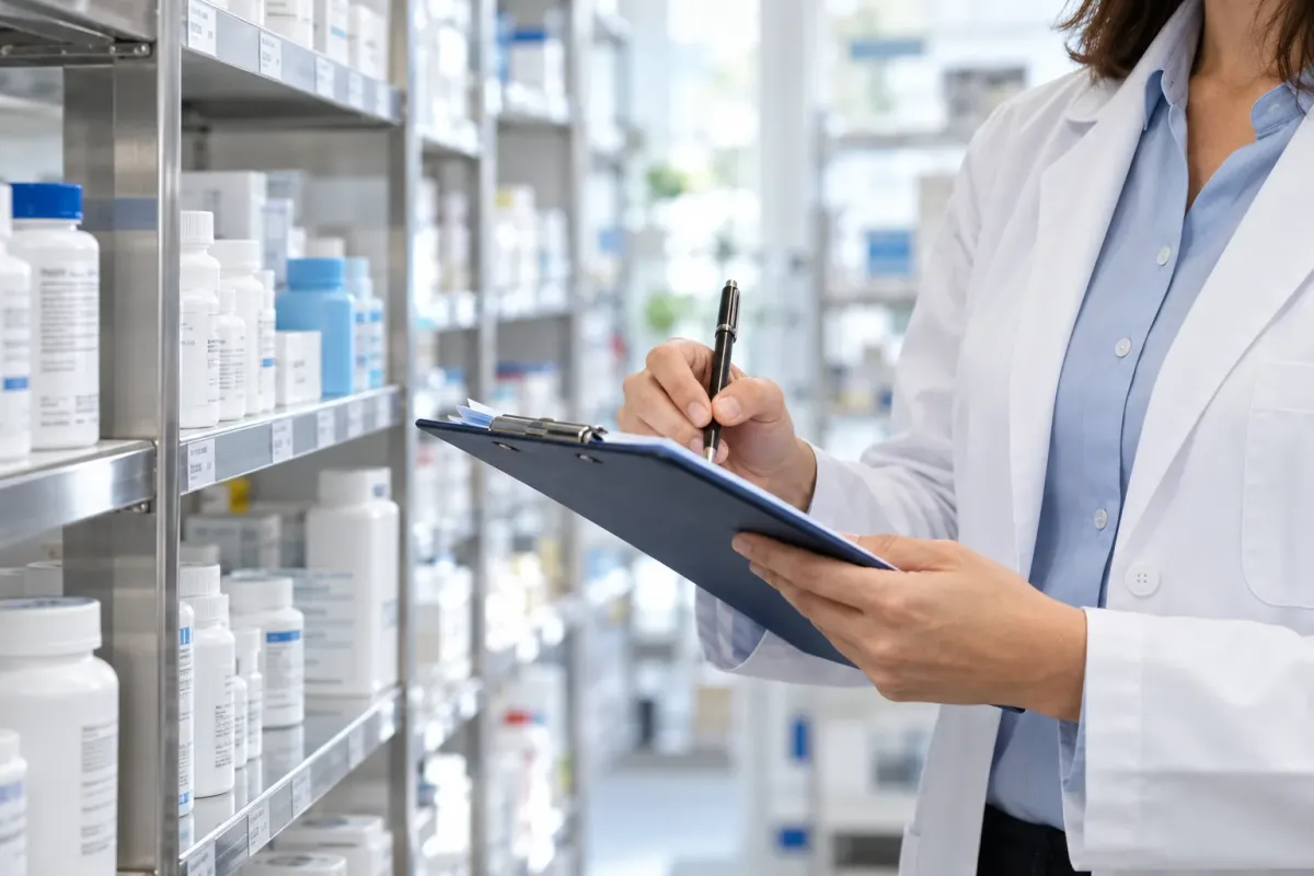 A pharmacist auditing medication stock with a clipboard beside steel shelving