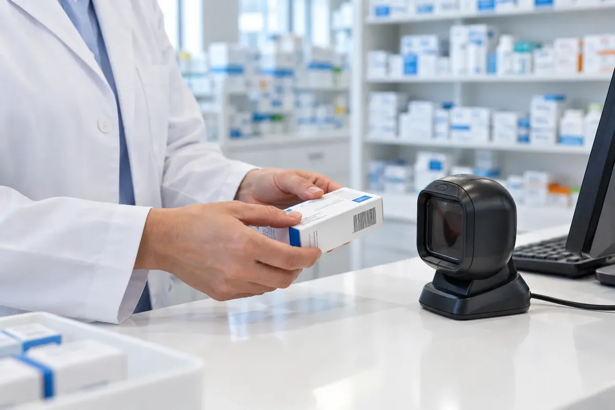 A pharmacist scanning a medicine carton at the pharmacy counter