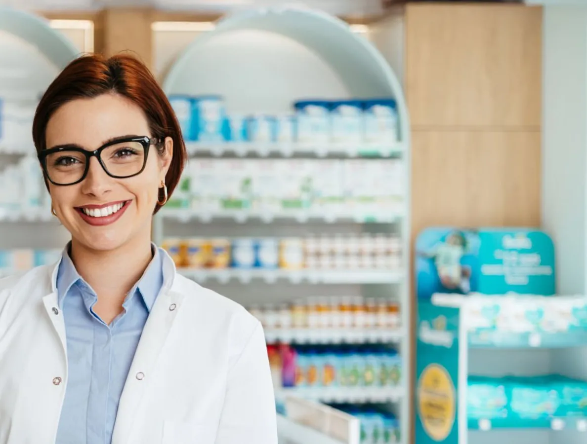 A smiling pharmacist in a bright retail pharmacy