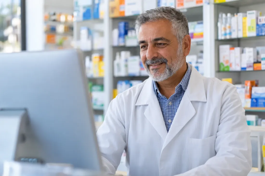 A smiling pharmacist working at the computer at his pharmacy counter