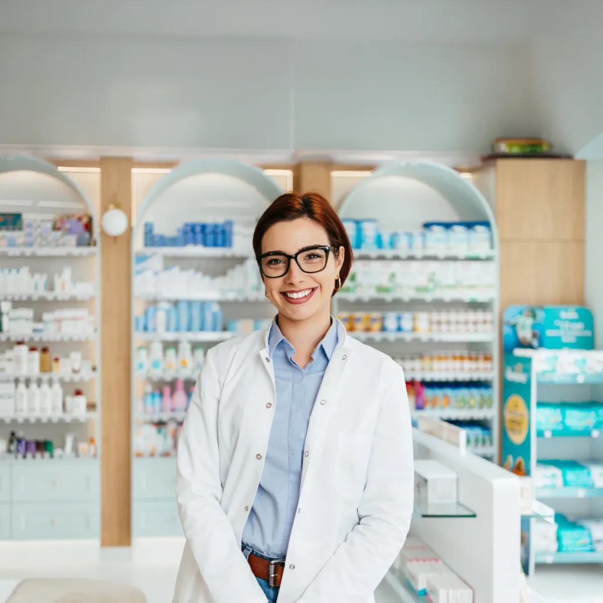 A smiling pharmacist standing in her pharmacy