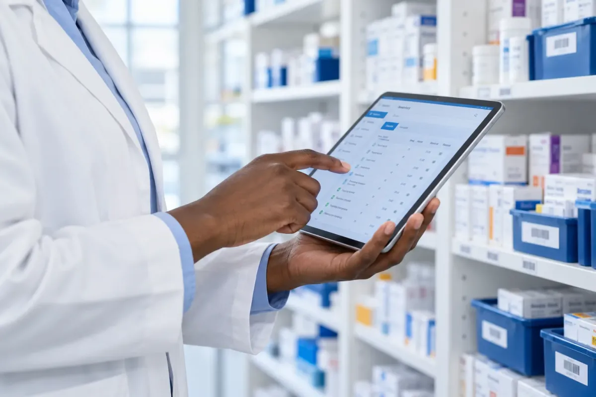 A pharmacist checking medication inventory on a tablet beside the pharmacy shelves
