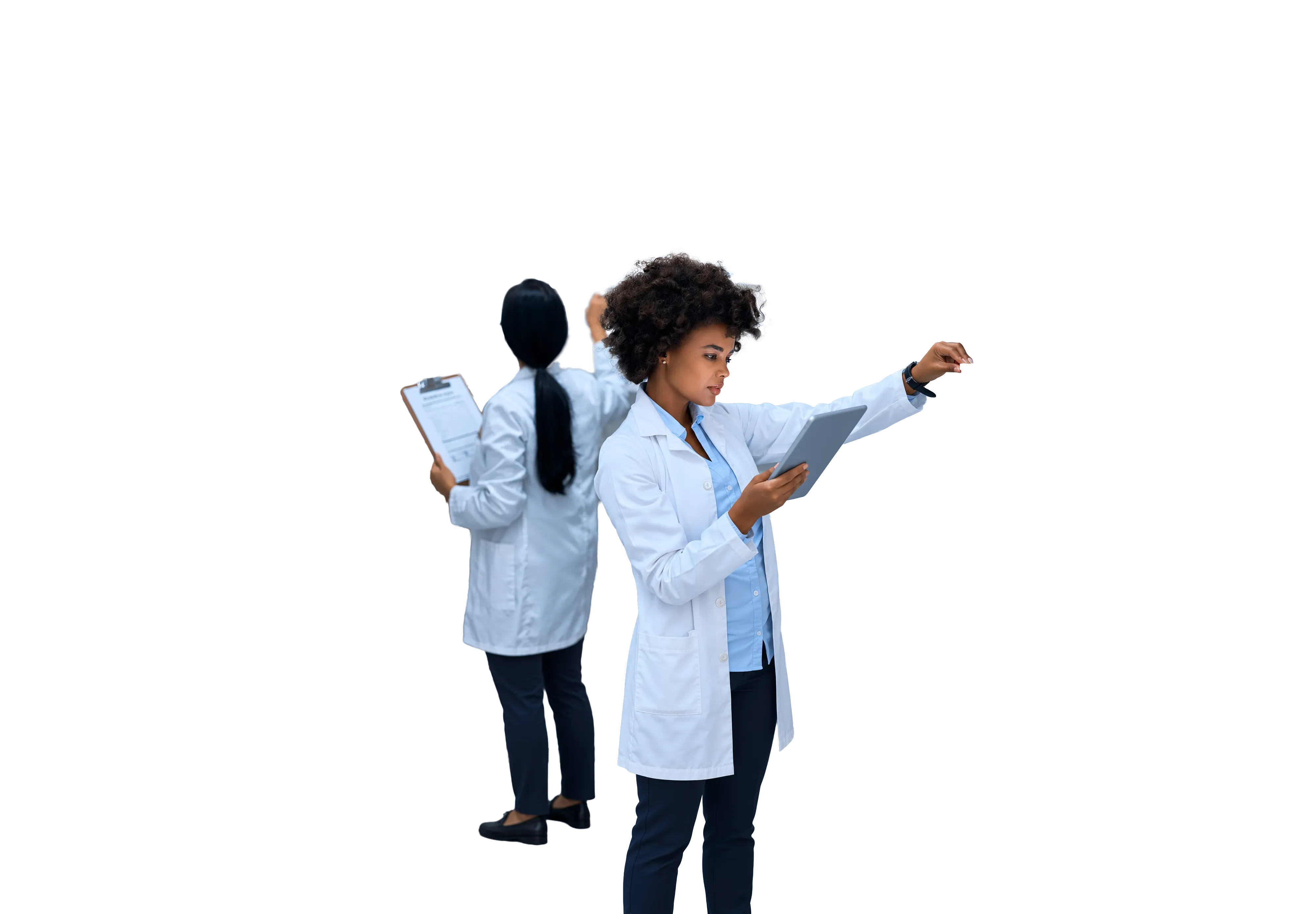 Two pharmacists checking stock along the shelves of a pharmacy, one with a tablet, one with a clipboard
