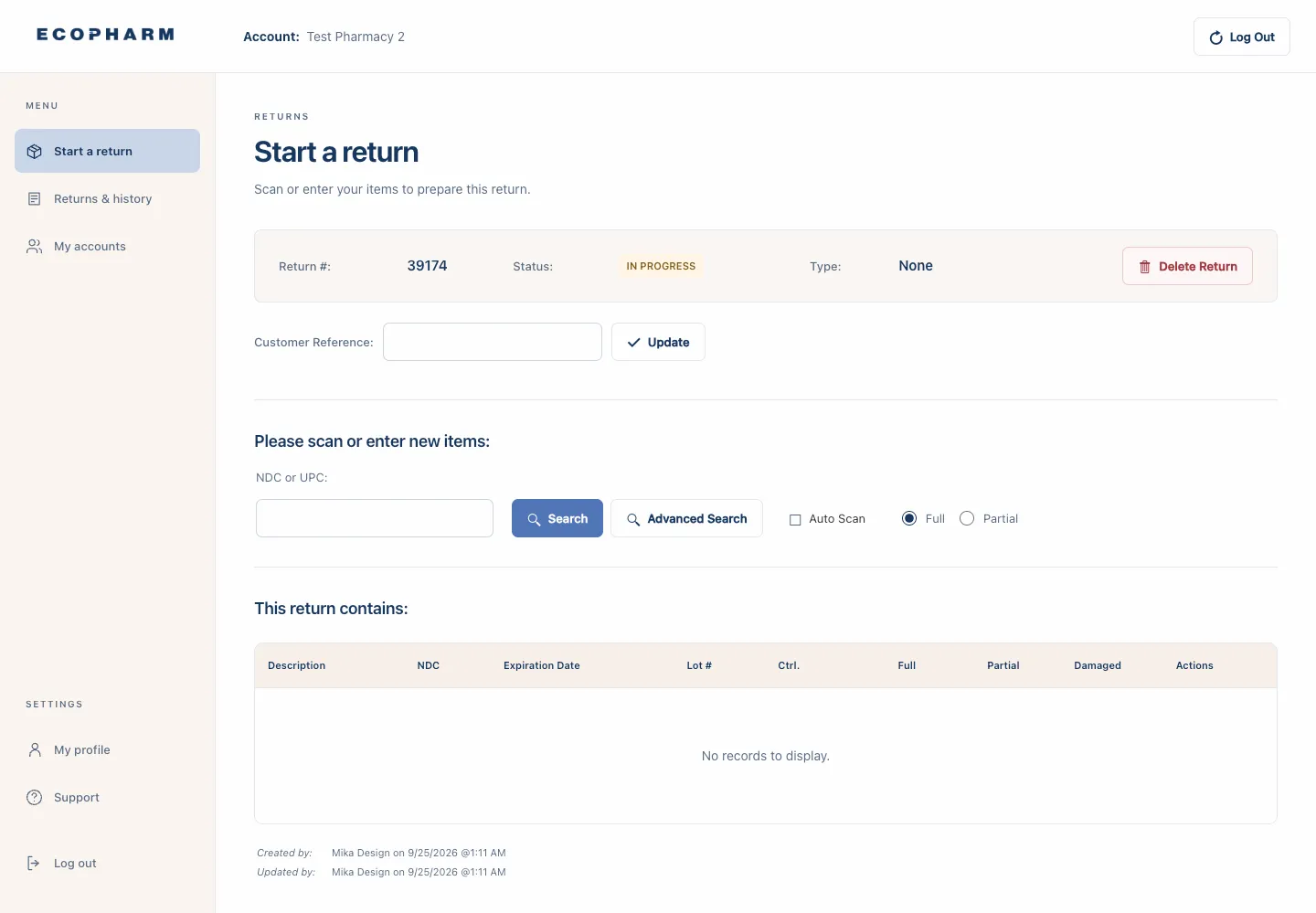 Start a return: a return in progress with fields to scan or enter NDC and UPC codes.
