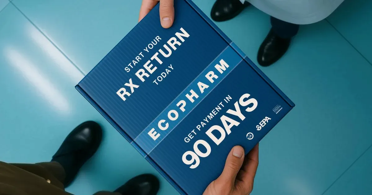 An Ecopharm return box handed from one person to another
